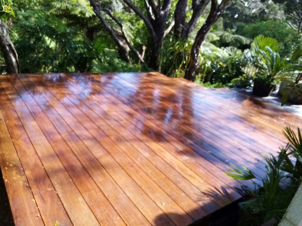 Auckland house and oiled deck with trees in background